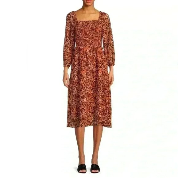 Beachlunchlounge Khaleesi Square Neck Leopard Print Midi Dress Size Large - Picture 1 of 12